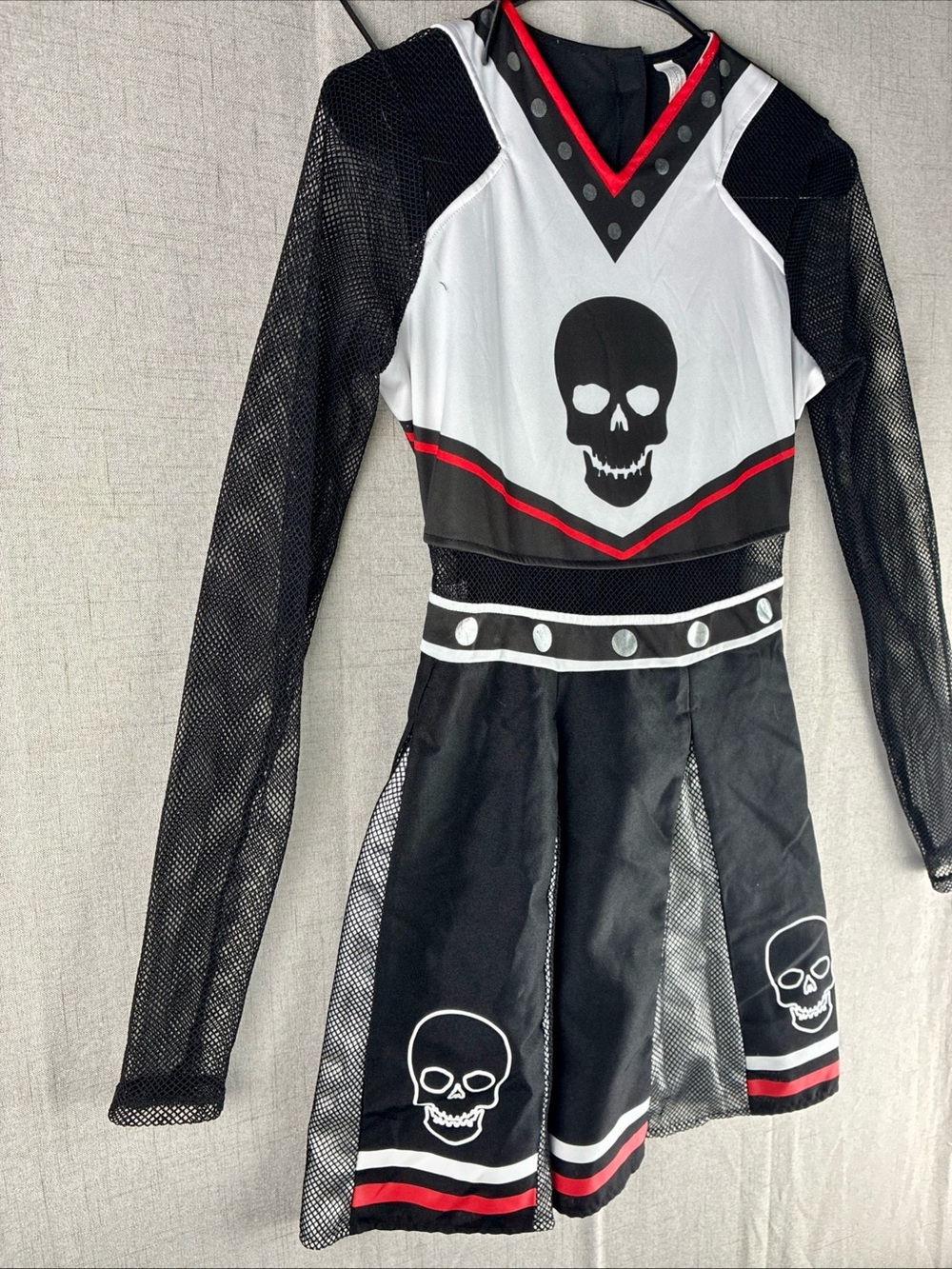 Skull Cheerleader Kids Costume Dress - Black & White with Red Accents